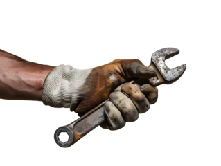Hand holding hand tools, isolated on transparent background.
