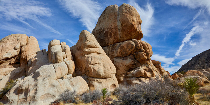 Panorama of desert rocks and boulders in Joshua Tree National Park on a blue sky day in California USA