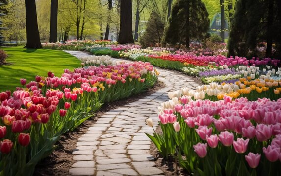 Patches of Colorful Tulips and Stone Path in the Spring Formal Garden at noon 