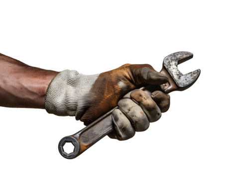 Hand holding hand tools, isolated on transparent background.