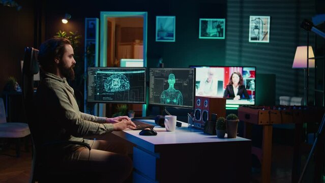 Rogue AI gaining consciousness and controlling programmer body, SF dystopian scenario. Omniscient evil sentient artificial intelligence possessing developer, AI takeover concept, camera B