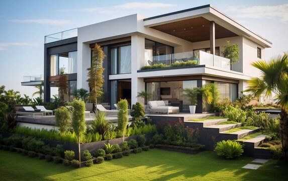 beautiful modern house with green garden, outdoor