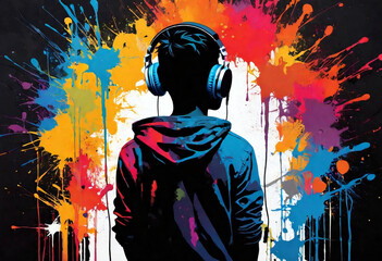 Fototapeta na wymiar Silhouette of a boy listens to music with headphones in the style of acrylic paints on canvas with heavy brushstrokes and color splashes.