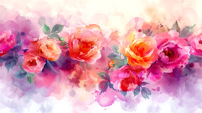 flowers watercolor roses background illustration . Bright beautiful flowers made in the style of picturesque paintings. Background for greeting cards, promotional sales banners.