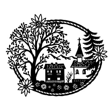 Swiss scherenschnitte or scissors cut illustration of silhouette of Schaffhausen Regional Nature Park with church of Opfertshofen, Switzerland with flowers set inside rope in paper cut or decoupage.
