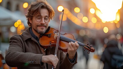 a handsome caucasian man playing an epic orchestral violin against a sunset background city street