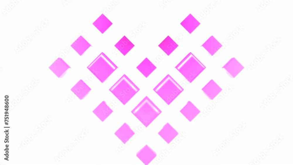 Poster animation with moving squares in shape of heart. motion. 3d pixel-style squares move in shape of hea