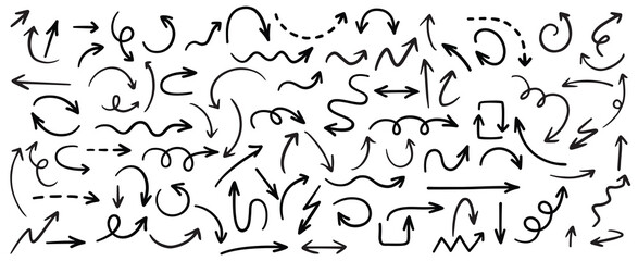 Fototapeta na wymiar Collection hand drawn arrows. Set simple arrows isolated on white background. Arrow mark icons. Arrow paint - stock vector