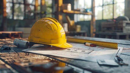 Professional construction scene highlighting yellow helmet and detailed blueprints