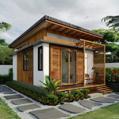 Fototapeta na wymiar Tiny one floor timber frame house with single front doors and terrace with india theme design