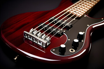Fototapeta na wymiar Lustrous Mahogany CB Bass Guitar with Mother-of-Pearl Inlays and Chrome Hardware Detail