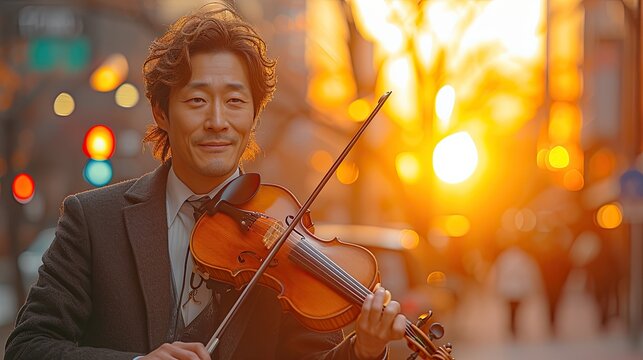 a handsome asian man playing an epic orchestral violin against a sunset background city street