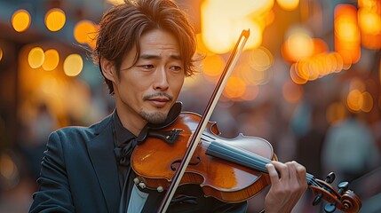 a handsome asian man playing an epic orchestral violin against a sunset background city street - obrazy, fototapety, plakaty