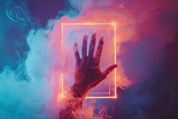 A hand with bracelets on the background of a luminous frame. - obrazy, fototapety, plakaty
