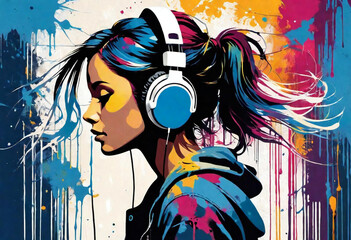 Silhouette of a girl listens to music with headphones in the style of acrylic paints on canvas with heavy  brushstrokes and color splashes.