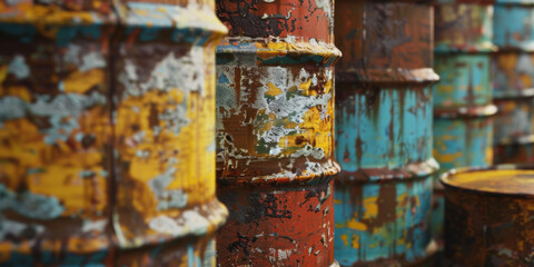 close up of rusty and colorful barrels, generative AI