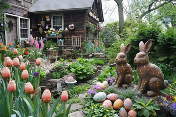 A Whimsical Easter Wonderland: How to Transform Your Garden into a Festive Springtime Celebration with Colorful Eggs and Bunny Decorations - obrazy, fototapety, plakaty