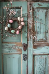 A Serene Spring Morning Unveils a Rustic Barn Door, Elegantly Adorned with a Homemade Easter Wreath Comprised of Twigs and Pastel-Colored Eggs, Symbolizing Renewal and Joy