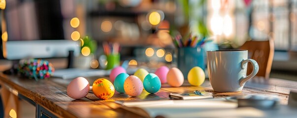 A Whimsical Office Easter Egg Hunt: Colorful Eggs Secretly Nestled Among Desks, Computers, and Coffee Mugs, Sparking Joy and Team Spirit