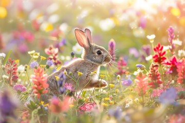 A Joyful Easter Adventure: A Fluffy Bunny Hopping Through a Colorful Meadow Filled With Spring Flowers