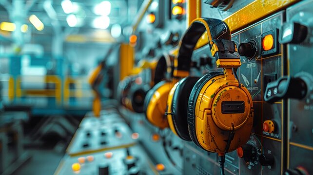 Industrial ear protection headphones hanging on machinery in a factory setting