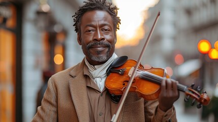 a handsome african man playing an epic orchestral violin against a sunset background city street - obrazy, fototapety, plakaty