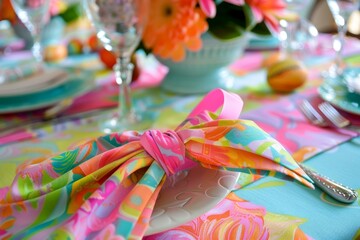 Fototapeta na wymiar A Colorful Easter Celebration: Ribbon-Tied Napkins Adorned with Vibrant Patterns and Spring Motifs Gracefully Laid Out on a Festive Table