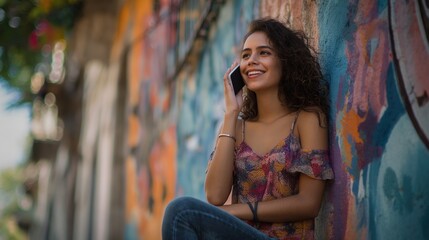 Obraz premium City Conversations A Moment of Connection for the Young Hispanic Woman