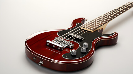 Fototapeta na wymiar Lustrous Mahogany CB Bass Guitar with Mother-of-Pearl Inlays and Chrome Hardware Detail