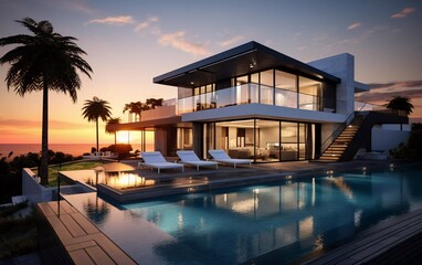 Modern house with swimming pool overlooking the beach at sunset - obrazy, fototapety, plakaty