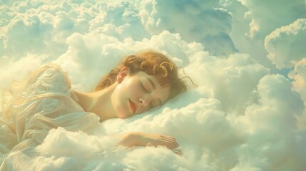 fair-skinned woman, peacefully asleep on a heavenly cloud. generative ai