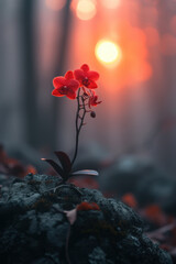Red orchid flower blossom in the mist and fog, vertical background