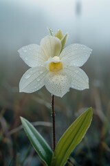 White orchid flower blossom in the mist and fog, vertical background