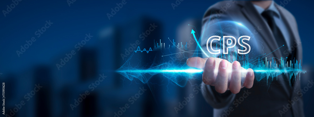 Poster cps: businessman holding cyber-physical system icon and global network with analyzing technological 