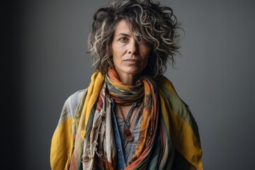Portrait of mature woman with curly hair and colorful scarf on grey background