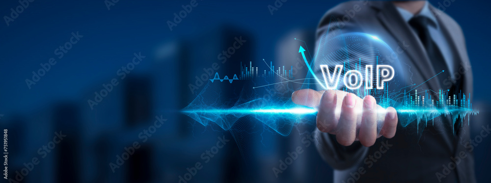 Poster voip: businessman holding voip icon and global network with analyzing technological data, seamless c