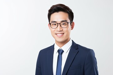 Asian man, company worker in glasses, smiling, standing over white background