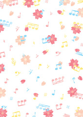 水彩の桜とカラフルな音符の背景・壁紙_縦