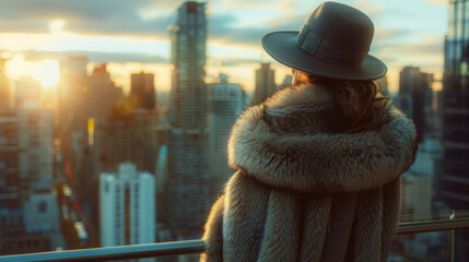 A stylish woman in a long fur coat and cloche hat looks out over the city skyline from a rooftop...