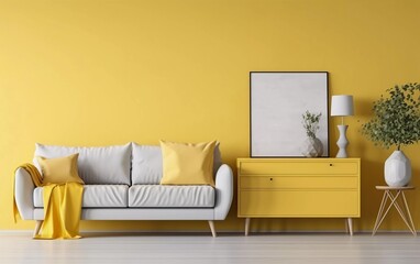 Yellow living room interior with sofa and chest of drawers with art decoration, carpet on hardwood floor. Canvas poster mock up on printed wall.