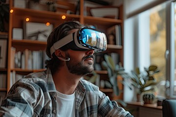 Caucasian man using Vision Pro headset in his modern home