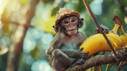 monkey with banana in wild 