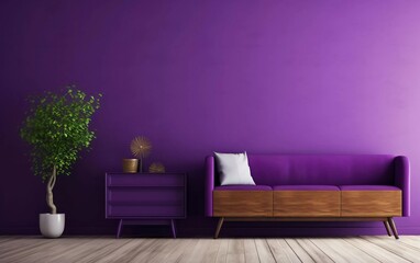purple plain wall with sofa & sideboard on wooden floor interior. generative ai