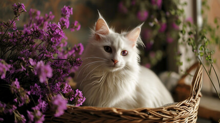 kitten in a basket with flowers 