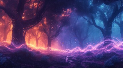 Magical Forest Walk: Radiant Lanterns in Purple Hue