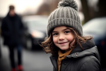 Portrait of a cute little girl in winter coat and hat outdoors