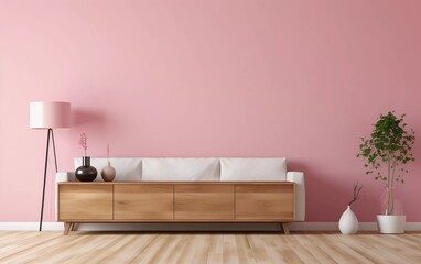 plain pink walls with sofa & sideboard on wooden floor interior. generative ai