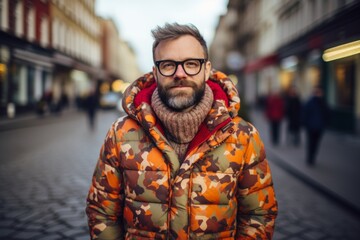 Portrait of a bearded man in glasses and a warm jacket on the street.