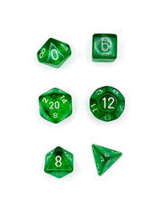 Green transparent polyhedron gaming dice isolated on white background
