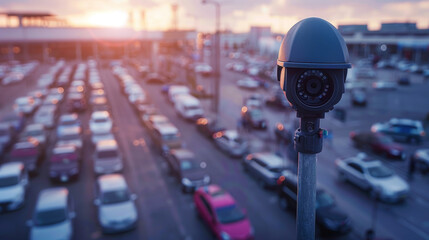 A shot of a security camera perched on a tall pole overlooking a vast parking lot. - obrazy, fototapety, plakaty